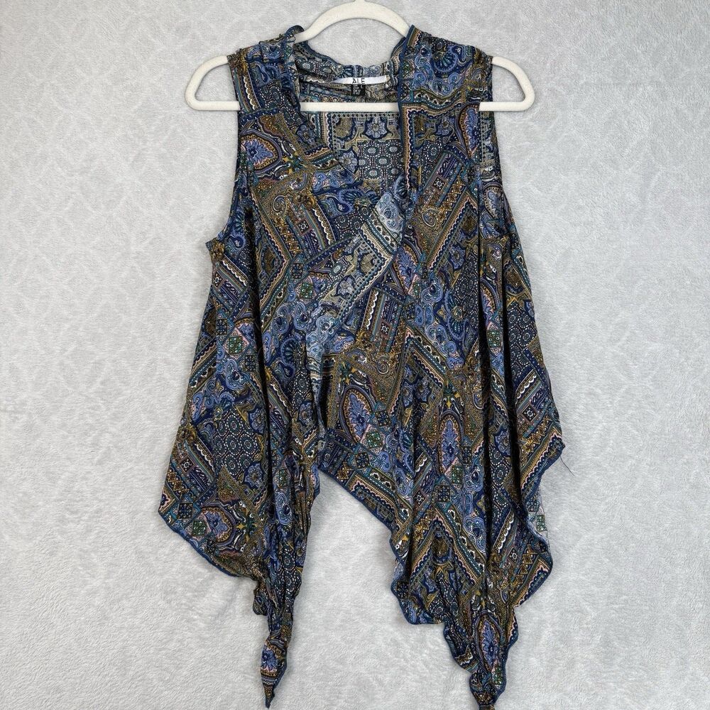 ALE Y2K Euro Sleeveless Top Large Blue Paisley Asymmetrical Fairycore Whimsigoth
